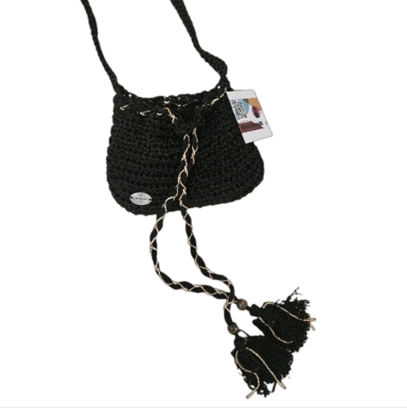 Hand Crafted Crochet Bucket Bag Tassel Beaded Drawstring Crossbody Purse Black - Picture 5 of 17